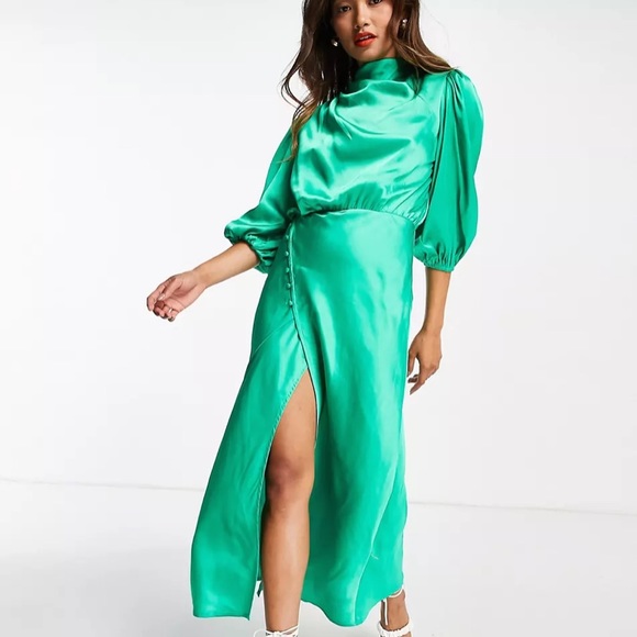 ASOS DESIGN pleat cowl neck satin midi tea dress with puff sleeve size US 12 - Picture 1 of 7